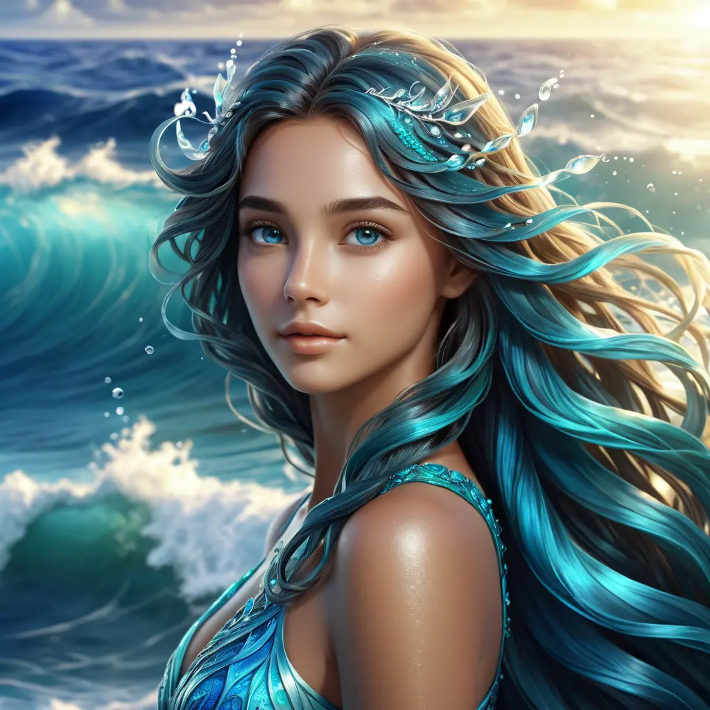 "magical ocean goddess", water, spray, waves, flowing hair, head and shoulders portrait, finely drawn eyes, 8k, Fantasy