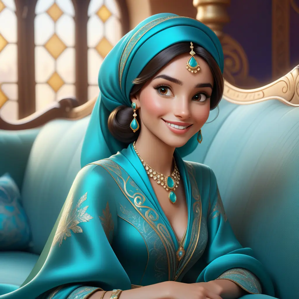 Fashion Illustration Style, A Woman in a headscarf Sitting on a sofa on a fairy-tale Background, Smiling like a Fairy Queen, Princess Jasmine, Photorealistic Disney, Disney Photos are Realistic, Princess Portrait, Disney-style Art, Beautiful Genie Girl, Disney Rendering, Disney Animation Style, Isabella Moner, Ivan Talavera Style and Artgerm, portrait of the Disney Veta, 8k, Highly Detailed, Intricate, Realistic, Sharp Focus, Volumetric Lighting, Fantasy, Elegant by Stanley Artgerm Lau, Alphonse Mucha, WLOP, Stefan Kostic