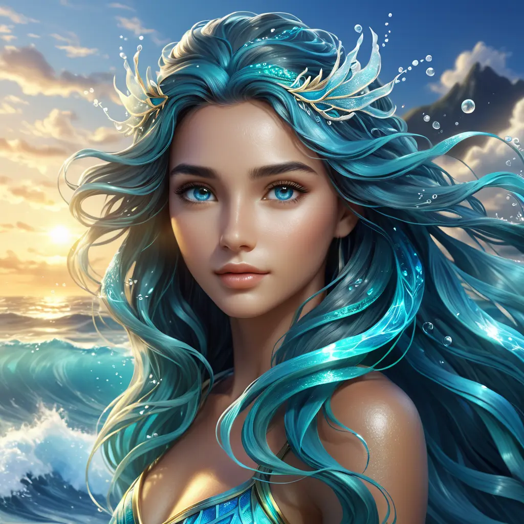 "magical ocean goddess", water, spray, waves, flowing hair, head and shoulders portrait, finely drawn eyes, 8k, Fantasy