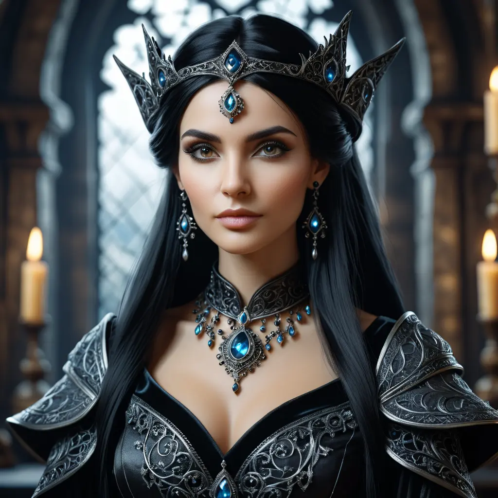 Alluring portrait of a beautiful gothic black haired sorceress in the style of Stefan Kostic, 8k, High Definition, Highly Detailed, Intricate, Half Body, Realistic, Sharp Focus, Fantasy, Elegant