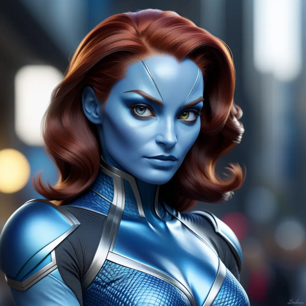 Alluring matte portrait of a beautiful Mystique from Xmen in the style of Stefan Kostic, 8k, Highly Detailed, Intricate, Half Body, Realistic, Sharp Focus, Volumetric Lighting, Fantasy, Elegant by Stanley Artgerm Lau, Greg Rutkowski