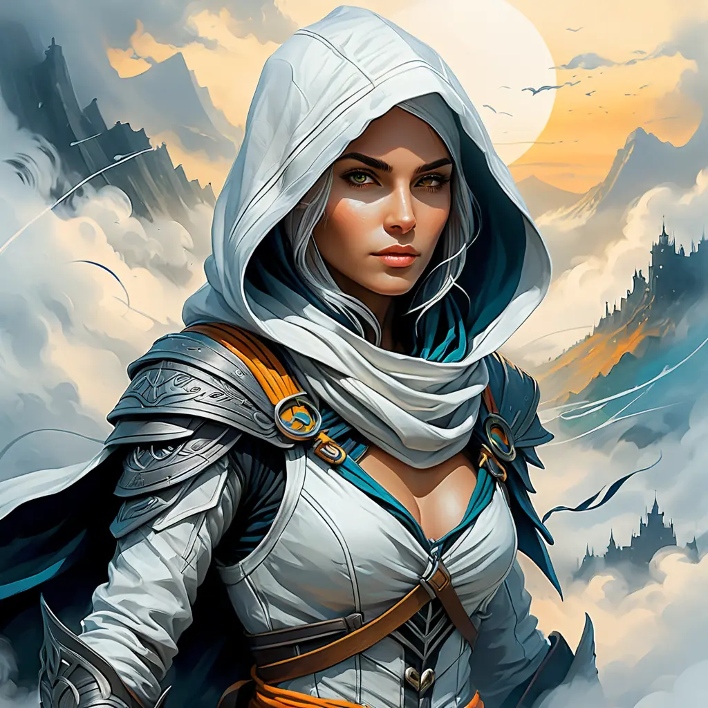 White hooded female assassin emerging from the fog of war, Highly Detailed, Vibrant Colors, Ink Art, Fantasy, Dark by Peter Mohrbacher