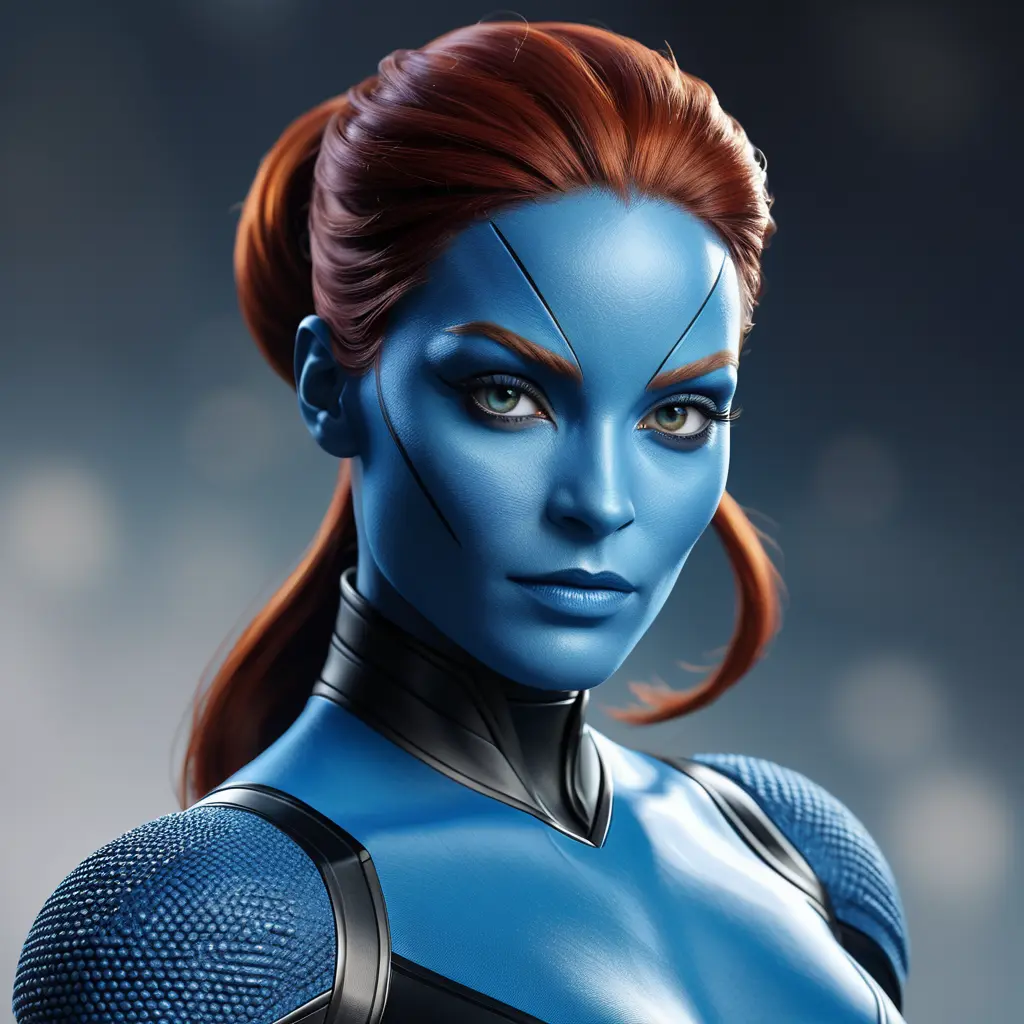 Alluring matte portrait of a beautiful Mystique from Xmen in the style of Stefan Kostic, 8k, Highly Detailed, Intricate, Half Body, Realistic, Sharp Focus, Volumetric Lighting, Fantasy, Elegant by Stanley Artgerm Lau, Greg Rutkowski