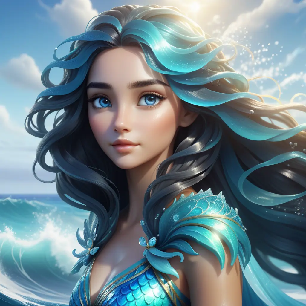 "magical ocean goddess", water, spray, waves, flowing hair, head and shoulders portrait, finely drawn eyes, 8k, Fantasy