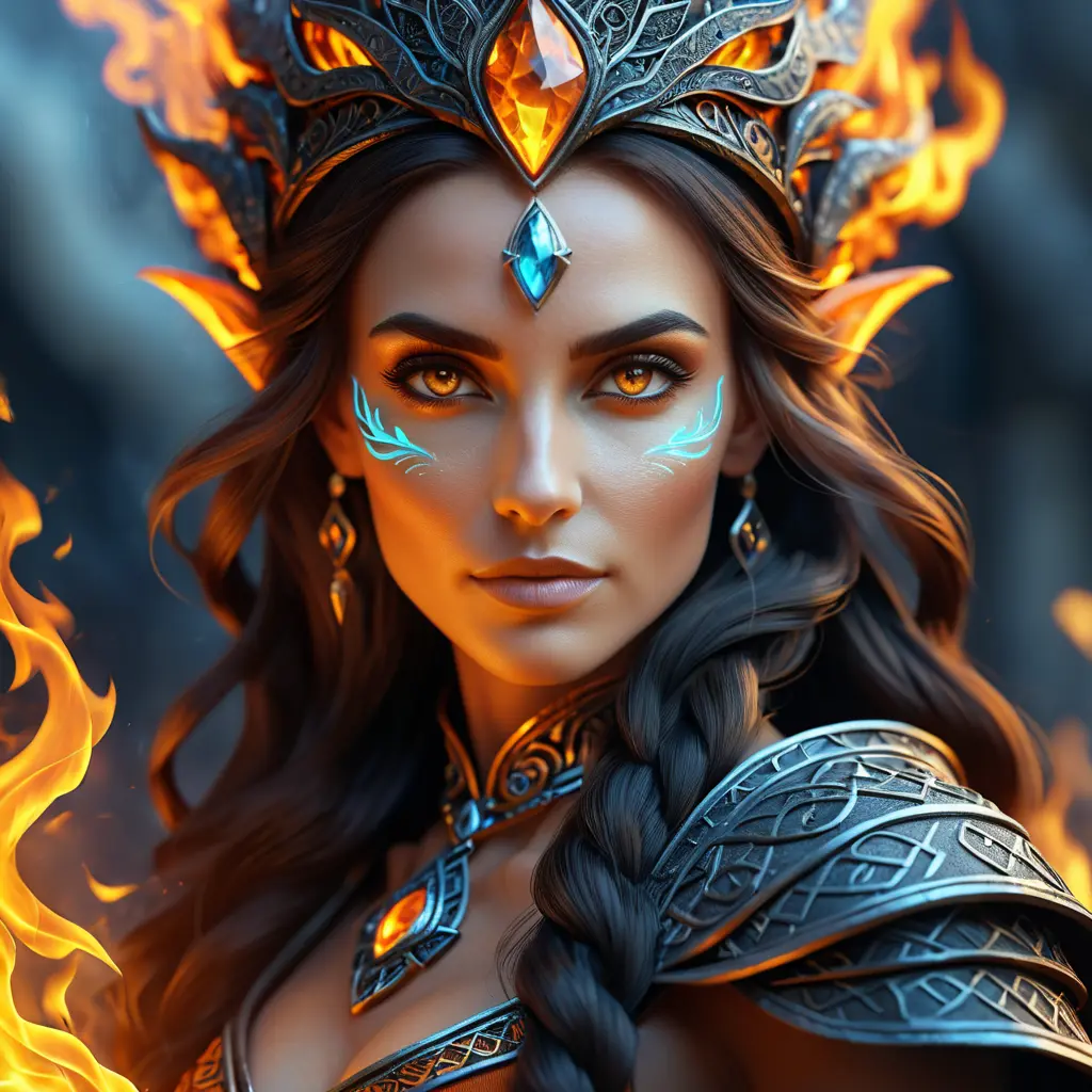 Alluring highly detailed matte portrait of a beautiful fire sorceress in the style of Stefan Kostic, 8k, High Definition, Highly Detailed, Intricate, Half Body, Realistic, Sharp Focus, Fantasy, Elegant