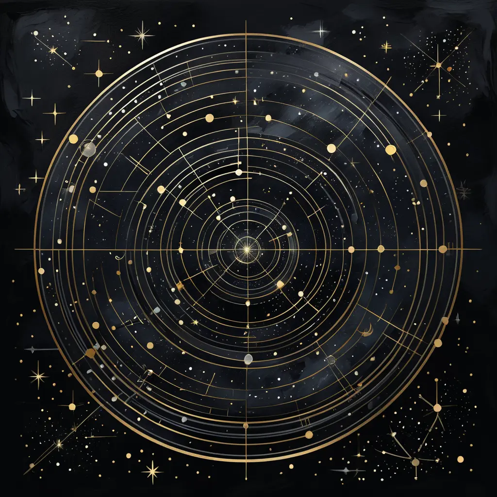 minimalist, elegant, discreet, abstract, enigmatic, sophisticated, modern, mysterious and perfect painting of constellations in black gold and silver, Digital Illustration