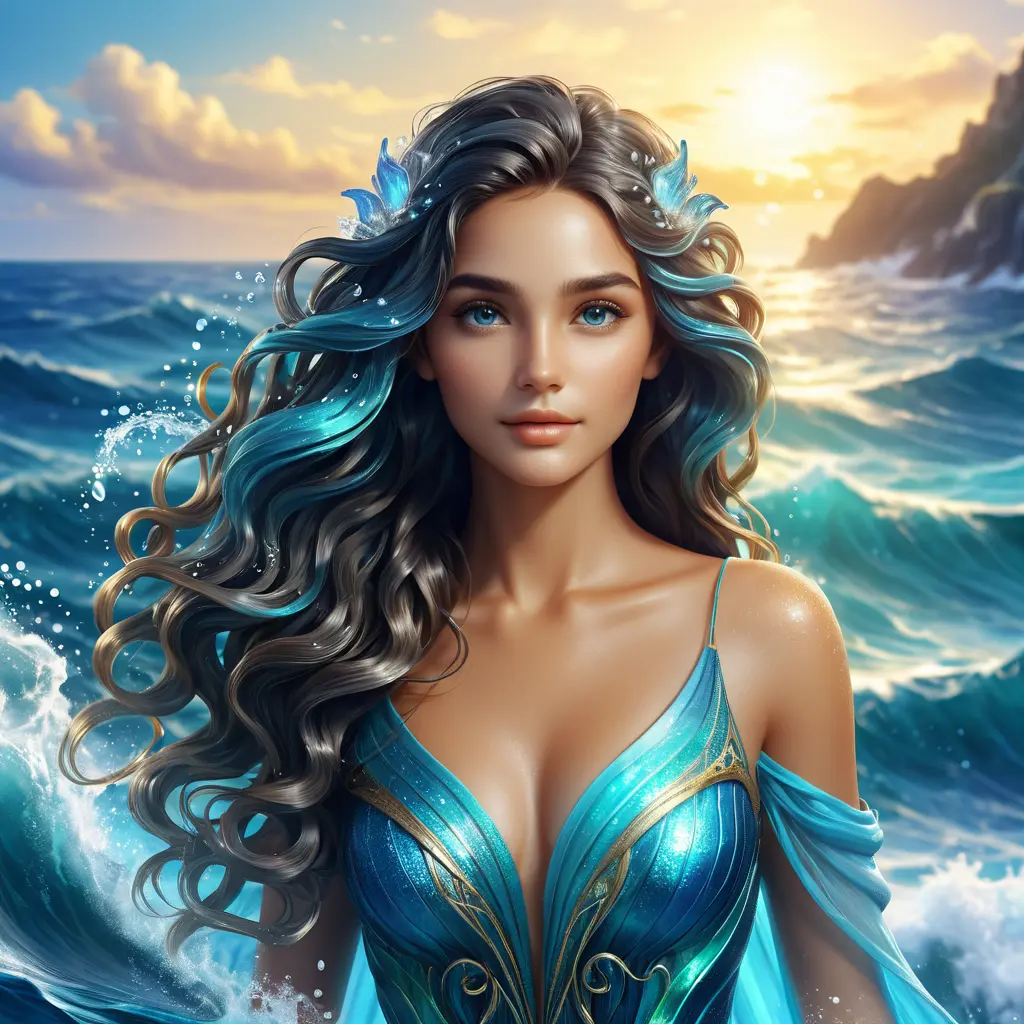 "magical ocean goddess", water, spray, waves, flowing hair, head and shoulders portrait, finely drawn eyes, 8k, Fantasy