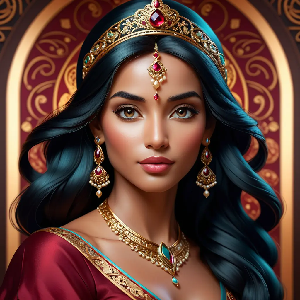 Matte portrait of the beautiful Princess Jasmine in dark red, 8k, Highly Detailed, Intricate, Realistic, Sharp Focus, Volumetric Lighting, Fantasy, Elegant by Stanley Artgerm Lau, Alphonse Mucha, WLOP, Stefan Kostic