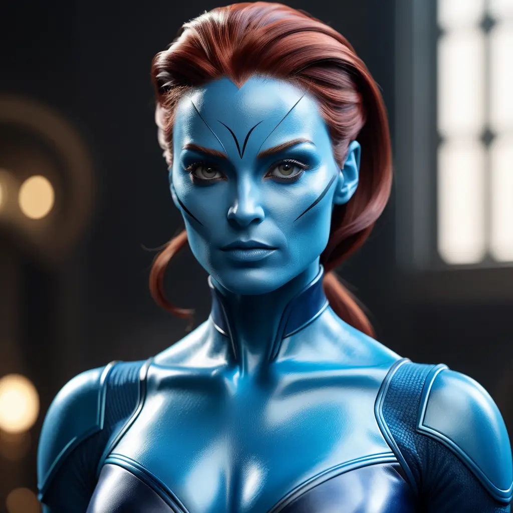 Alluring matte portrait of a beautiful Mystique from Xmen in the style of Stefan Kostic, 8k, Highly Detailed, Intricate, Half Body, Realistic, Sharp Focus, Volumetric Lighting, Fantasy, Elegant by Stanley Artgerm Lau, Greg Rutkowski