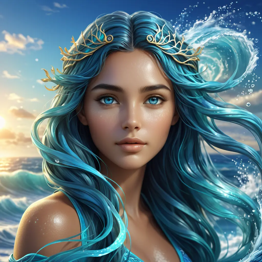 "magical ocean goddess", water, spray, waves, flowing hair, head and shoulders portrait, finely drawn eyes, 8k, Fantasy