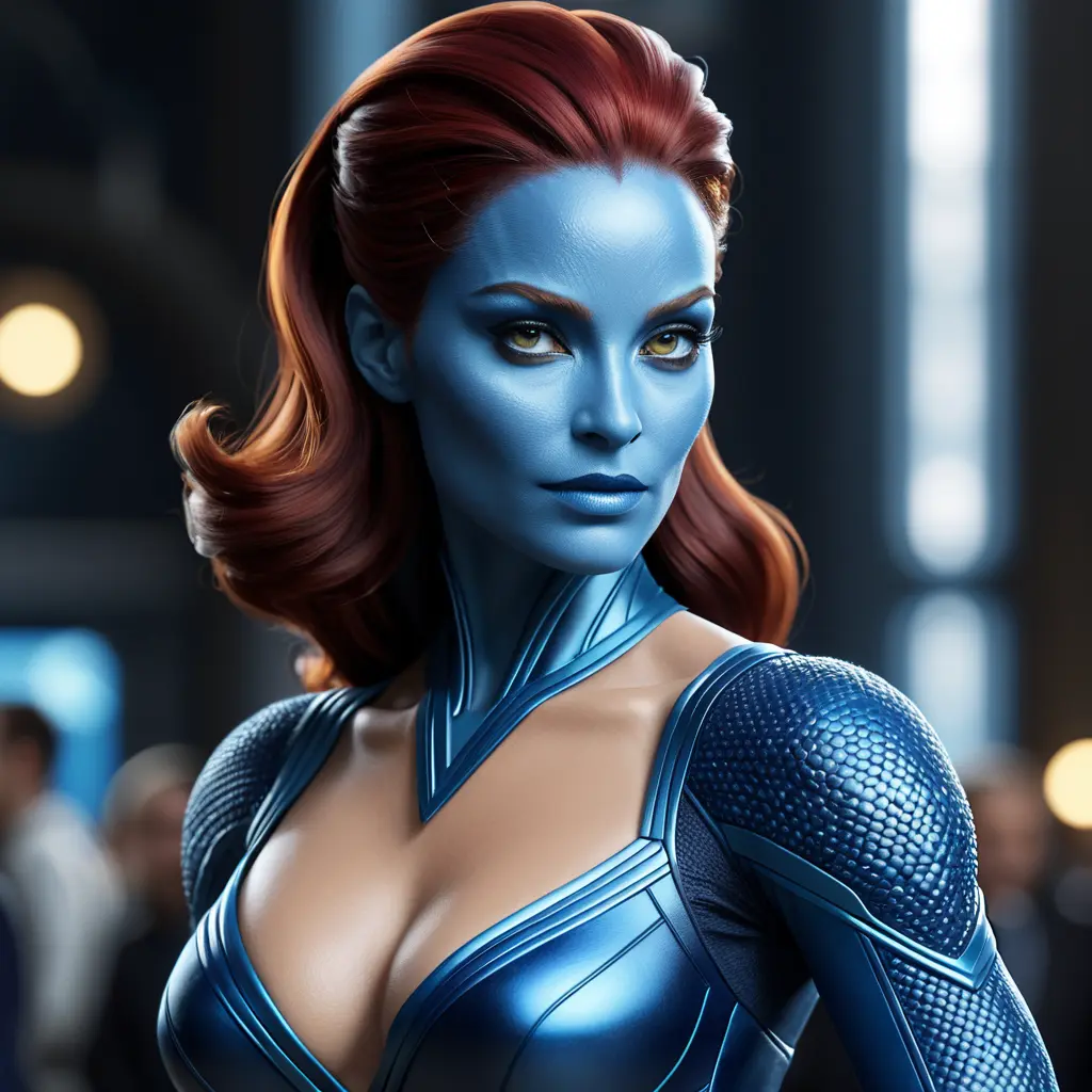 Alluring matte portrait of a beautiful Mystique from Xmen in the style of Stefan Kostic, 8k, Highly Detailed, Intricate, Half Body, Realistic, Sharp Focus, Volumetric Lighting, Fantasy, Elegant by Stanley Artgerm Lau, Greg Rutkowski