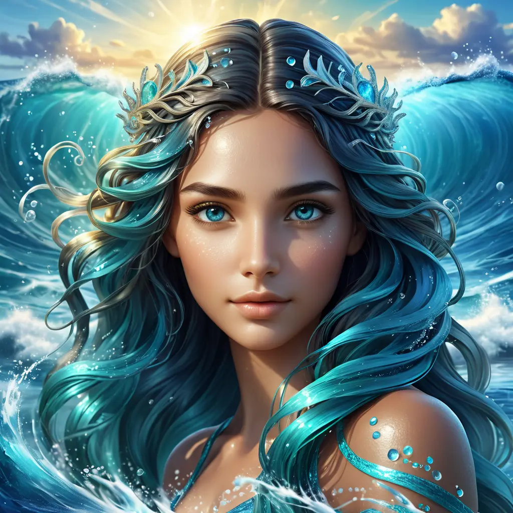 "magical ocean goddess", water, spray, waves, flowing hair, head and shoulders portrait, finely drawn eyes, 8k, Fantasy