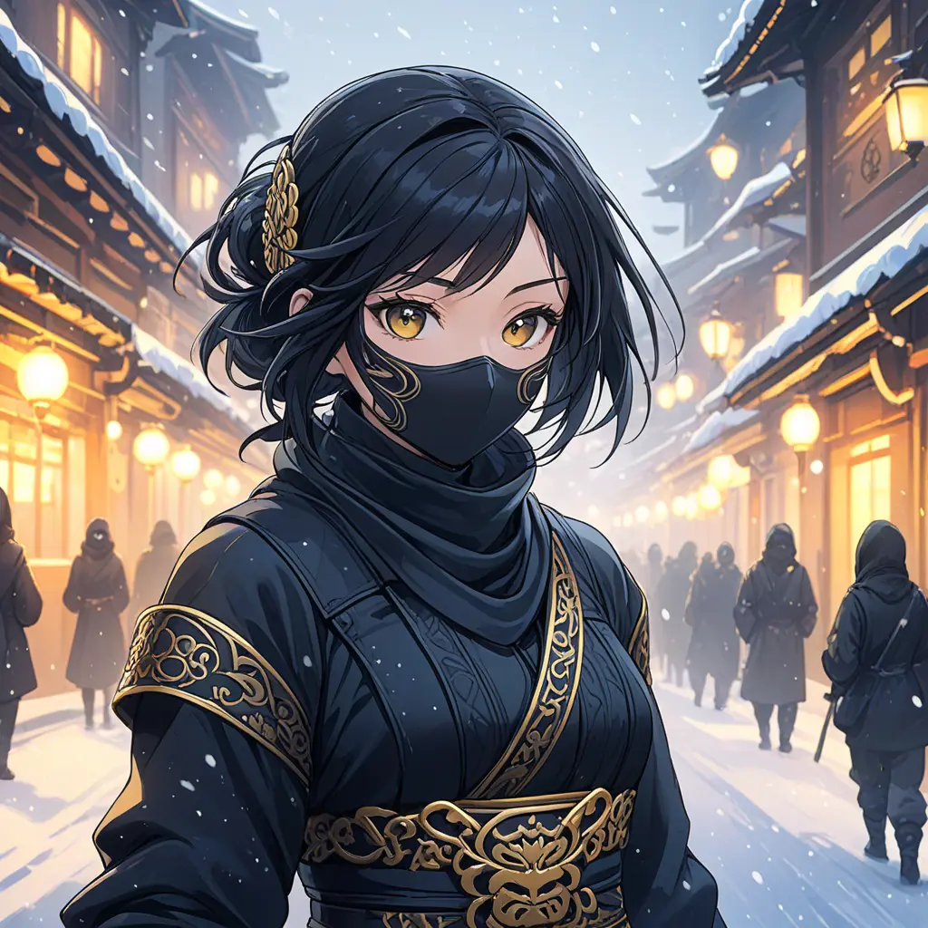 Wallpaper of a mysterious beautiful masked kunoichi ninja wearing eyeliner and gold jewelry in the streets of a dark snowy town in moscow, fluid motion, 8k, Intricate Details, Trending on Artstation, Beautiful, Stunning, Centered by Stanley Artgerm Lau, WLOP