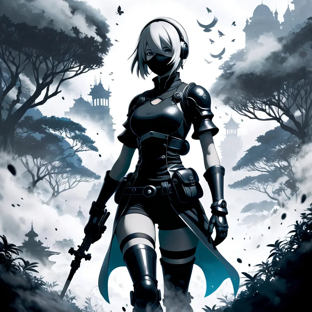 Silhouette of Nier Automata emerging from the fog of war, ink splash, Highly Detailed, Vibrant Colors, Ink Art, Fantasy, Dark by Stanley Artgerm Lau