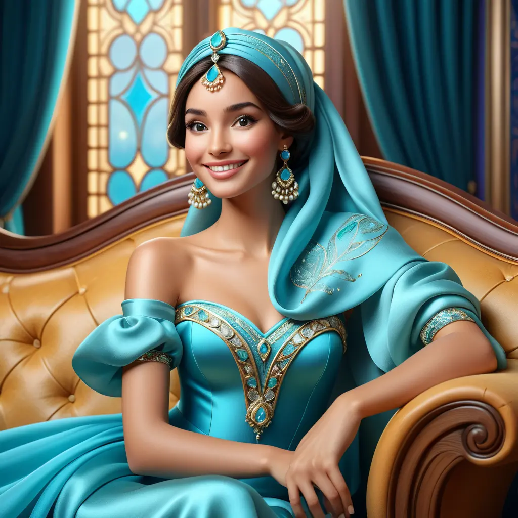 Fashion Illustration Style, A Woman in a headscarf Sitting on a sofa on a fairy-tale Background, Smiling like a Fairy Queen, Princess Jasmine, Photorealistic Disney, Disney Photos are Realistic, Princess Portrait, Disney-style Art, Beautiful Genie Girl, Disney Rendering, Disney Animation Style, Isabella Moner, Ivan Talavera Style and Artgerm, portrait of the Disney Veta, 8k, Highly Detailed, Intricate, Realistic, Sharp Focus, Volumetric Lighting, Fantasy, Elegant by Stanley Artgerm Lau, Alphonse Mucha, WLOP, Stefan Kostic