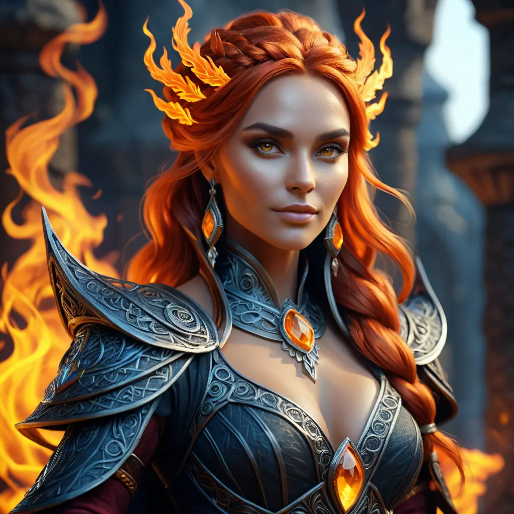 Alluring highly detailed matte portrait of a beautiful fire sorceress in the style of Stefan Kostic, 8k, High Definition, Highly Detailed, Intricate, Half Body, Realistic, Sharp Focus, Fantasy, Elegant