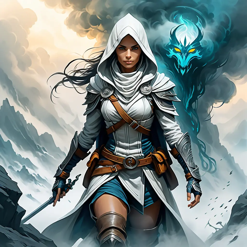 White hooded female assassin emerging from the fog of war, Highly Detailed, Vibrant Colors, Ink Art, Fantasy, Dark by Peter Mohrbacher