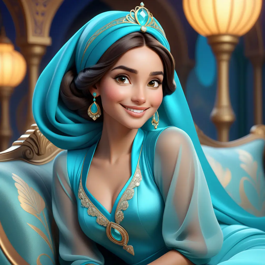 Fashion Illustration Style, A Woman in a headscarf Sitting on a sofa on a fairy-tale Background, Smiling like a Fairy Queen, Princess Jasmine, Photorealistic Disney, Disney Photos are Realistic, Princess Portrait, Disney-style Art, Beautiful Genie Girl, Disney Rendering, Disney Animation Style, Isabella Moner, Ivan Talavera Style and Artgerm, portrait of the Disney Veta, 8k, Highly Detailed, Intricate, Realistic, Sharp Focus, Volumetric Lighting, Fantasy, Elegant by Stanley Artgerm Lau, Alphonse Mucha, WLOP, Stefan Kostic