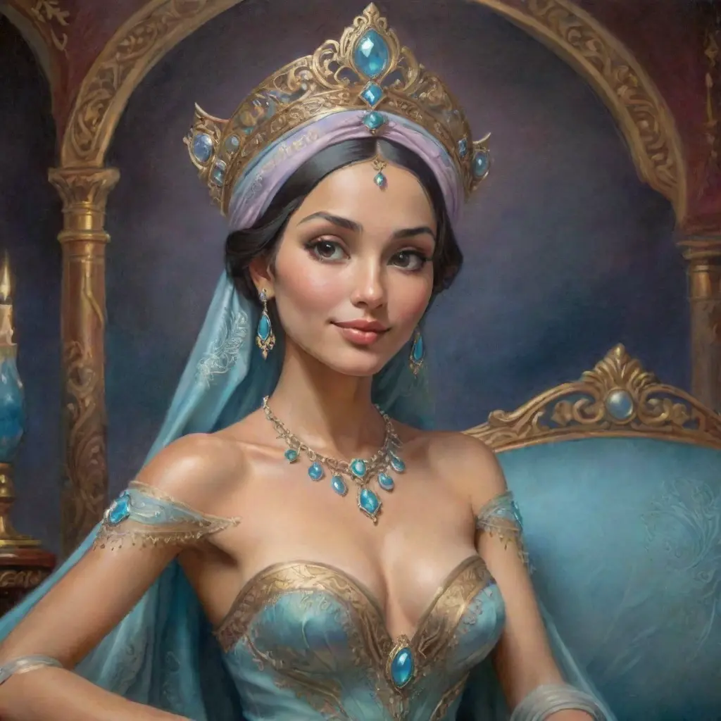 Fashion Illustration Style, A Woman in a headscarf Sitting on a sofa on a fairy-tale Background, Smiling like a Fairy Queen, Princess Jasmine, Photorealistic Disney, Disney Photos are Realistic, Princess Portrait, Disney-style Art, Beautiful Genie Girl, Disney Rendering, Disney Animation Style, Isabella Moner, Ivan Talavera Style and Artgerm, portrait of the Disney Veta, 8k, Highly Detailed, Intricate, Realistic, Sharp Focus, Volumetric Lighting, Fantasy, Elegant by Stanley Artgerm Lau, Alphonse Mucha, WLOP, Stefan Kostic