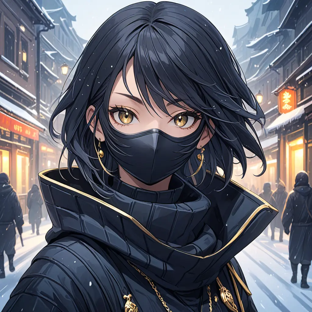 Wallpaper of a mysterious beautiful masked kunoichi ninja wearing eyeliner and gold jewelry in the streets of a dark snowy town in moscow, fluid motion, 8k, Intricate Details, Trending on Artstation, Beautiful, Stunning, Centered by Stanley Artgerm Lau, WLOP