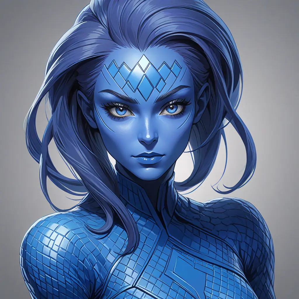 Alluring matte portrait of a beautiful Mystique from Xmen in the style of Stefan Kostic, 8k, Highly Detailed, Intricate, Half Body, Realistic, Sharp Focus, Volumetric Lighting, Fantasy, Elegant by Stanley Artgerm Lau, Greg Rutkowski