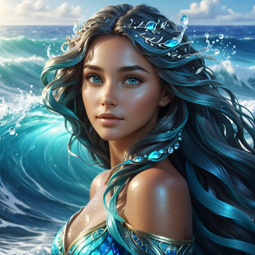 "magical ocean goddess", water, spray, waves, flowing hair, head and shoulders portrait, finely drawn eyes, 8k, Fantasy