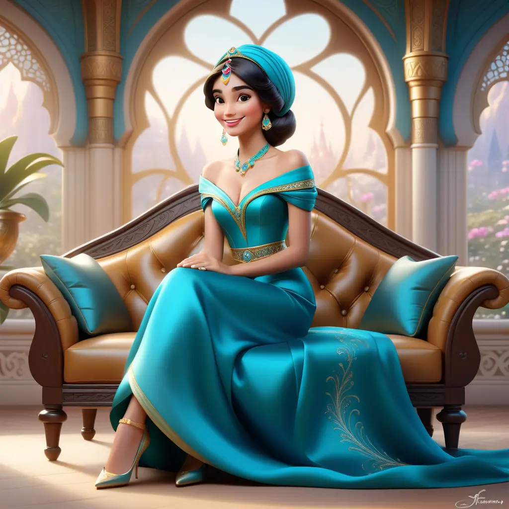 Fashion Illustration Style, A Woman in a headscarf Sitting on a sofa on a fairy-tale Background, Smiling like a Fairy Queen, Princess Jasmine, Photorealistic Disney, Disney Photos are Realistic, Princess Portrait, Disney-style Art, Beautiful Genie Girl, Disney Rendering, Disney Animation Style, Isabella Moner, Ivan Talavera Style and Artgerm, portrait of the Disney Veta, 8k, Highly Detailed, Intricate, Realistic, Sharp Focus, Volumetric Lighting, Fantasy, Elegant by Stanley Artgerm Lau, Alphonse Mucha, WLOP, Stefan Kostic