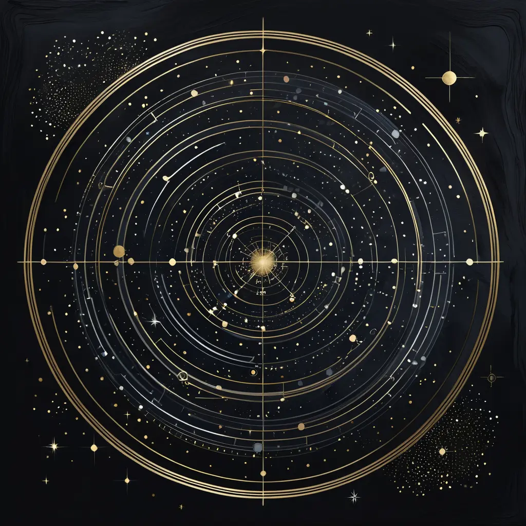 minimalist, elegant, discreet, abstract, enigmatic, sophisticated, modern, mysterious and perfect painting of constellations in black gold and silver, Digital Illustration