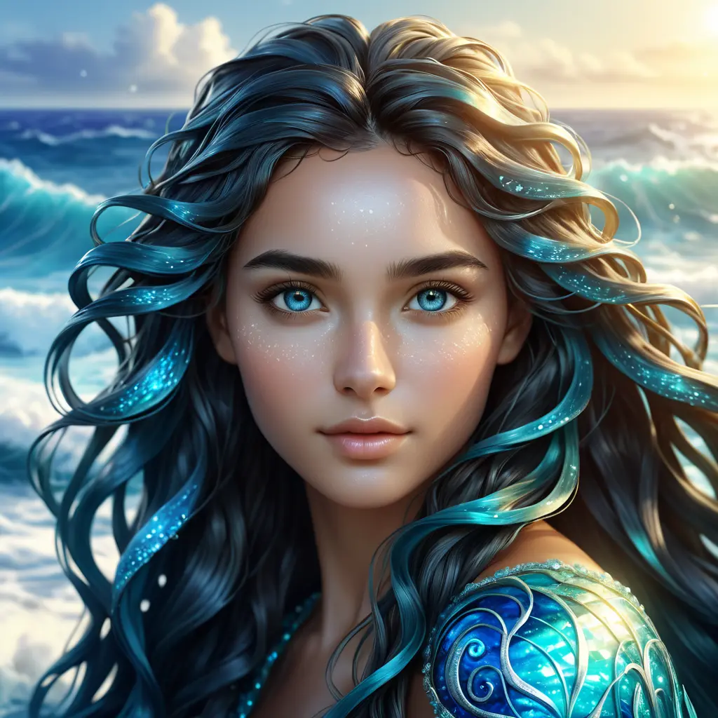 "magical ocean goddess", water, spray, waves, flowing hair, head and shoulders portrait, finely drawn eyes, 8k, Fantasy