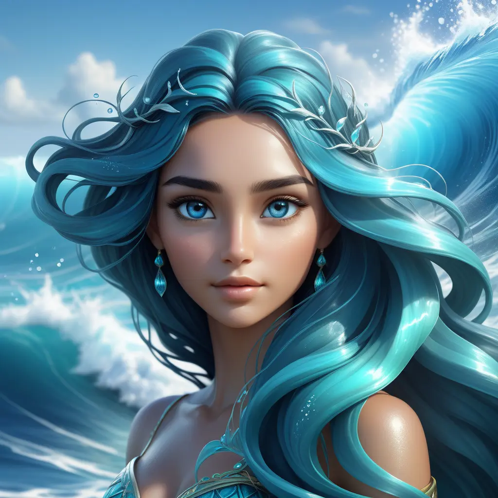 "magical ocean goddess", water, spray, waves, flowing hair, head and shoulders portrait, finely drawn eyes, 8k, Fantasy