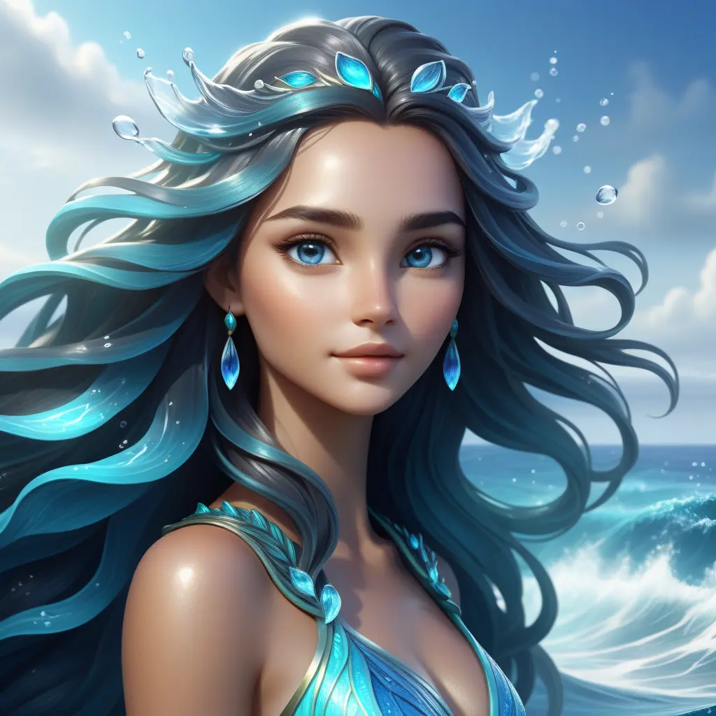 "magical ocean goddess", water, spray, waves, flowing hair, head and shoulders portrait, finely drawn eyes, 8k, Fantasy