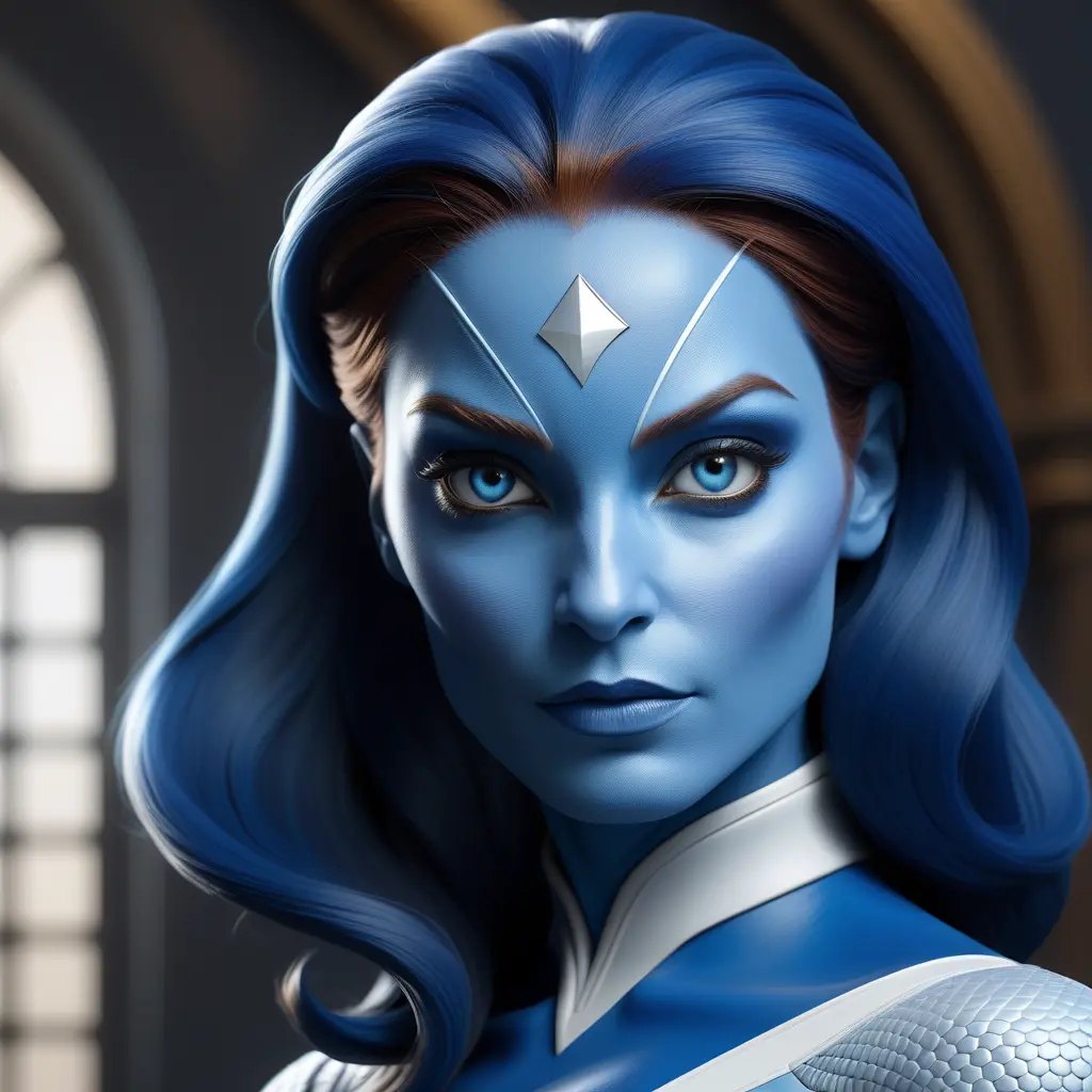 Alluring matte portrait of a beautiful Mystique from Xmen in the style of Stefan Kostic, 8k, Highly Detailed, Intricate, Half Body, Realistic, Sharp Focus, Volumetric Lighting, Fantasy, Elegant by Stanley Artgerm Lau, Greg Rutkowski