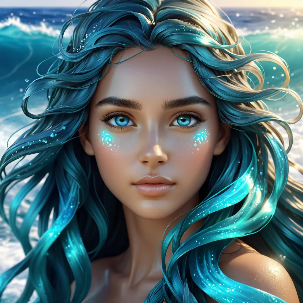 "magical ocean goddess", water, spray, waves, flowing hair, head and shoulders portrait, finely drawn eyes, 8k, Fantasy