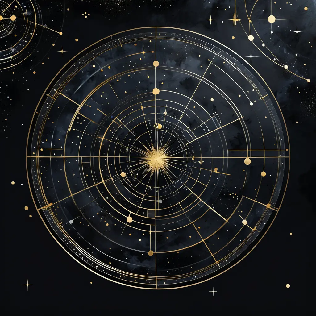 minimalist, elegant, discreet, abstract, enigmatic, sophisticated, modern, mysterious and perfect painting of constellations in black gold and silver, Digital Illustration