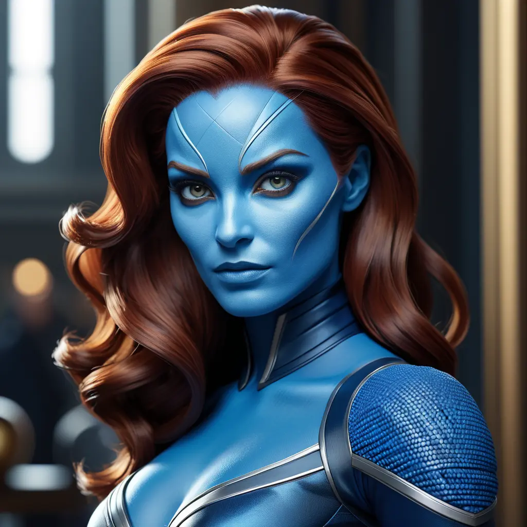 Alluring matte portrait of a beautiful Mystique from Xmen in the style of Stefan Kostic, 8k, Highly Detailed, Intricate, Half Body, Realistic, Sharp Focus, Volumetric Lighting, Fantasy, Elegant by Stanley Artgerm Lau, Greg Rutkowski