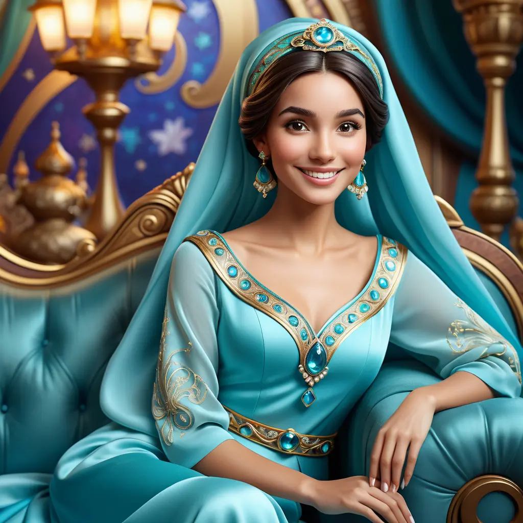 Fashion Illustration Style, A Woman in a headscarf Sitting on a sofa on a fairy-tale Background, Smiling like a Fairy Queen, Princess Jasmine, Photorealistic Disney, Disney Photos are Realistic, Princess Portrait, Disney-style Art, Beautiful Genie Girl, Disney Rendering, Disney Animation Style, Isabella Moner, Ivan Talavera Style and Artgerm, portrait of the Disney Veta, 8k, Highly Detailed, Intricate, Realistic, Sharp Focus, Volumetric Lighting, Fantasy, Elegant by Stanley Artgerm Lau, Alphonse Mucha, WLOP, Stefan Kostic