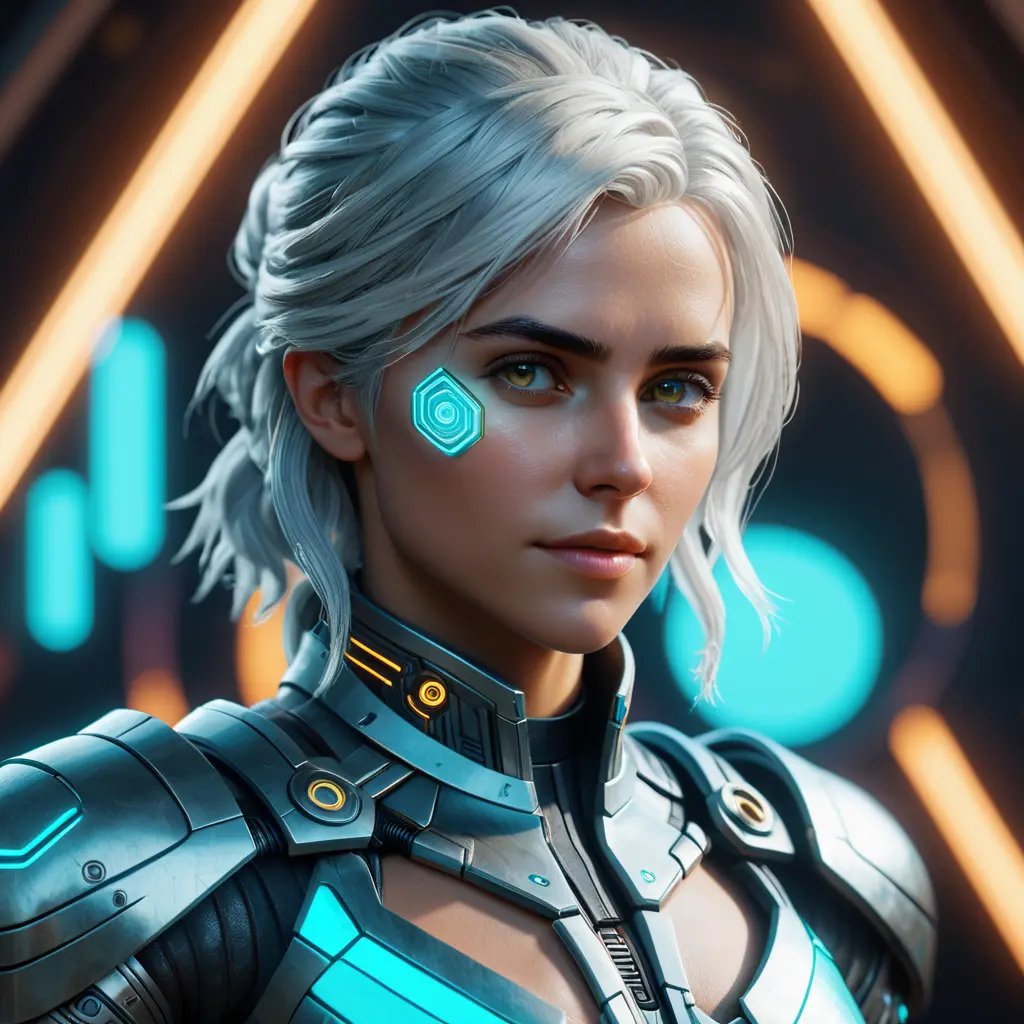 Portrait of Ciri as a Cyborg, 8k, Highly Detailed, Intricate, Intricate Artwork, Symmetry, Trending on Artstation, Cinematic Lighting, Octane Render, Iridescence, Abstract colors, Realism by Beeple, Dan Mumford, Greg Rutkowski, WLOP