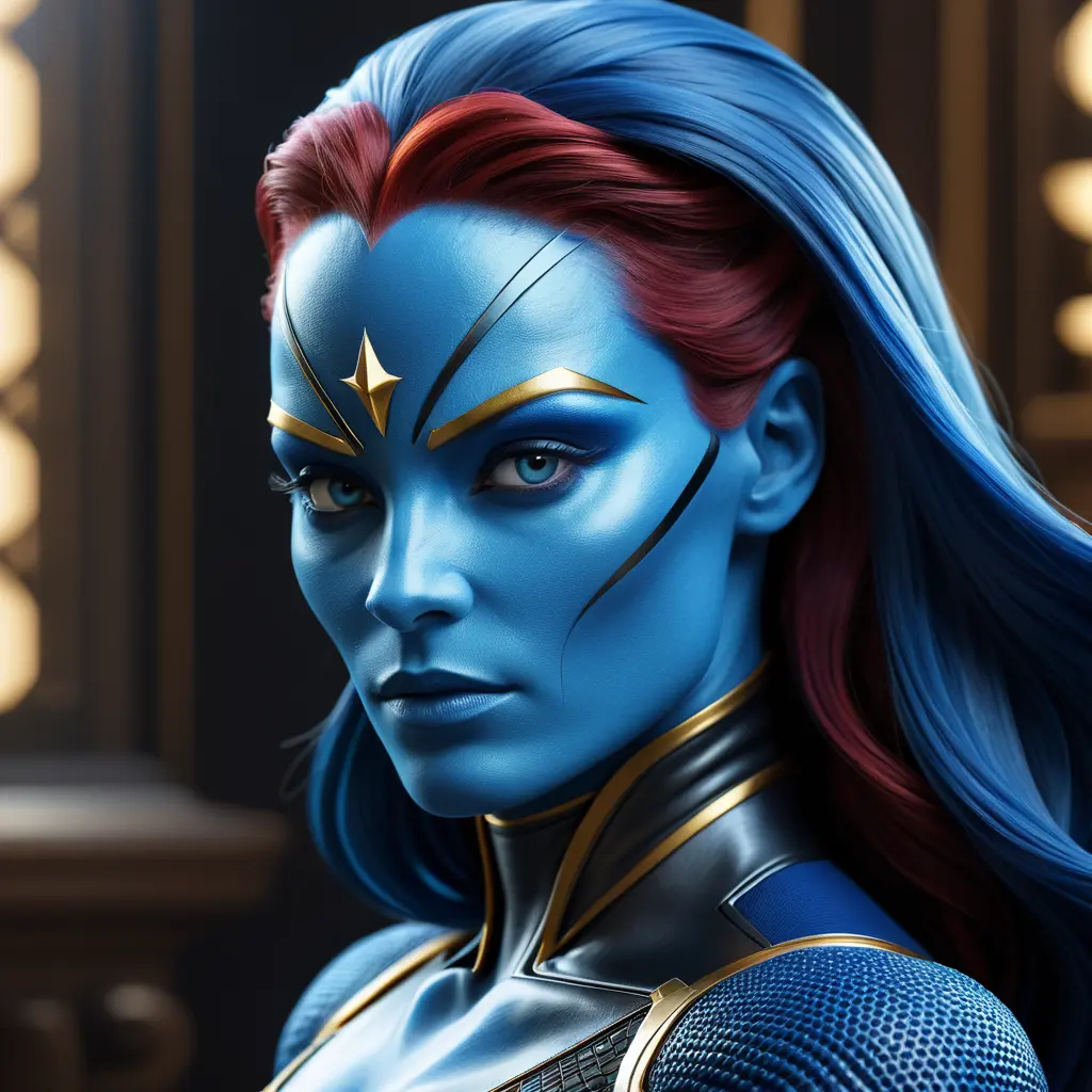 Alluring matte portrait of a beautiful Mystique from Xmen in the style of Stefan Kostic, 8k, Highly Detailed, Intricate, Half Body, Realistic, Sharp Focus, Volumetric Lighting, Fantasy, Elegant by Stanley Artgerm Lau, Greg Rutkowski