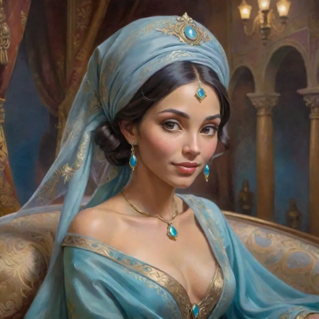 Fashion Illustration Style, A Woman in a headscarf Sitting on a sofa on a fairy-tale Background, Smiling like a Fairy Queen, Princess Jasmine, Photorealistic Disney, Disney Photos are Realistic, Princess Portrait, Disney-style Art, Beautiful Genie Girl, Disney Rendering, Disney Animation Style, Isabella Moner, Ivan Talavera Style and Artgerm, portrait of the Disney Veta, 8k, Highly Detailed, Intricate, Realistic, Sharp Focus, Volumetric Lighting, Fantasy, Elegant by Stanley Artgerm Lau, Alphonse Mucha, WLOP, Stefan Kostic