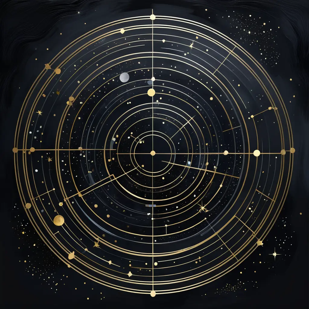 minimalist, elegant, discreet, abstract, enigmatic, sophisticated, modern, mysterious and perfect painting of constellations in black gold and silver, Digital Illustration