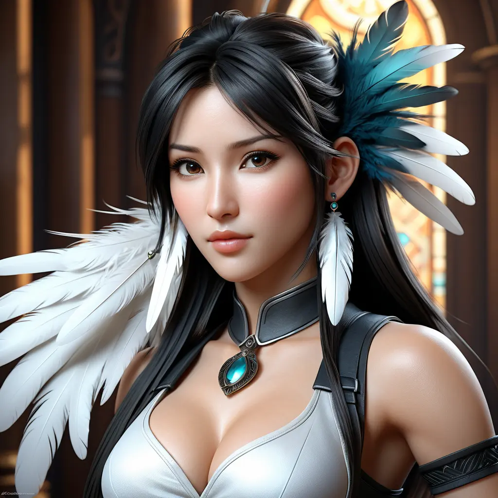 Alluring matte portrait of a beautiful Tifa Lockhart wearing feathers, 8k, Highly Detailed, Intricate, Half Body, Realistic, Sharp Focus, Volumetric Lighting, Fantasy, Elegant by Stanley Artgerm Lau, Alphonse Mucha, WLOP