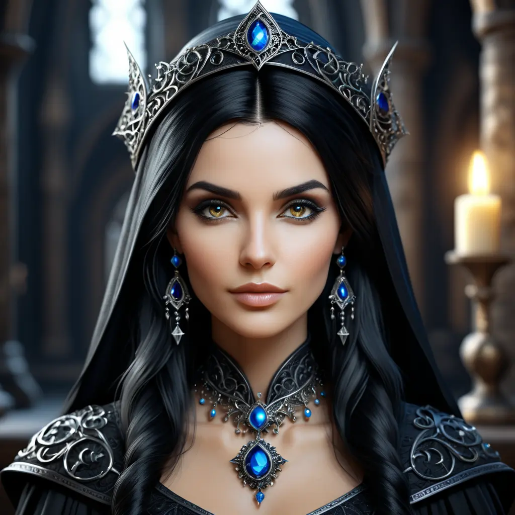 Alluring portrait of a beautiful gothic black haired sorceress in the style of Stefan Kostic, 8k, High Definition, Highly Detailed, Intricate, Half Body, Realistic, Sharp Focus, Fantasy, Elegant