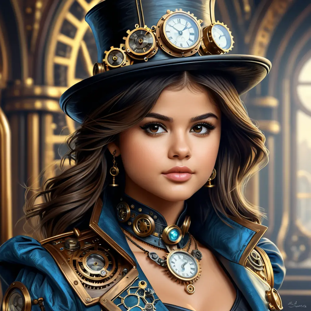 Steampunk portrait of Selena Gomez, Highly Detailed, Intricate, Artstation, Beautiful, Digital Painting, Sharp Focus, Concept Art, Elegant