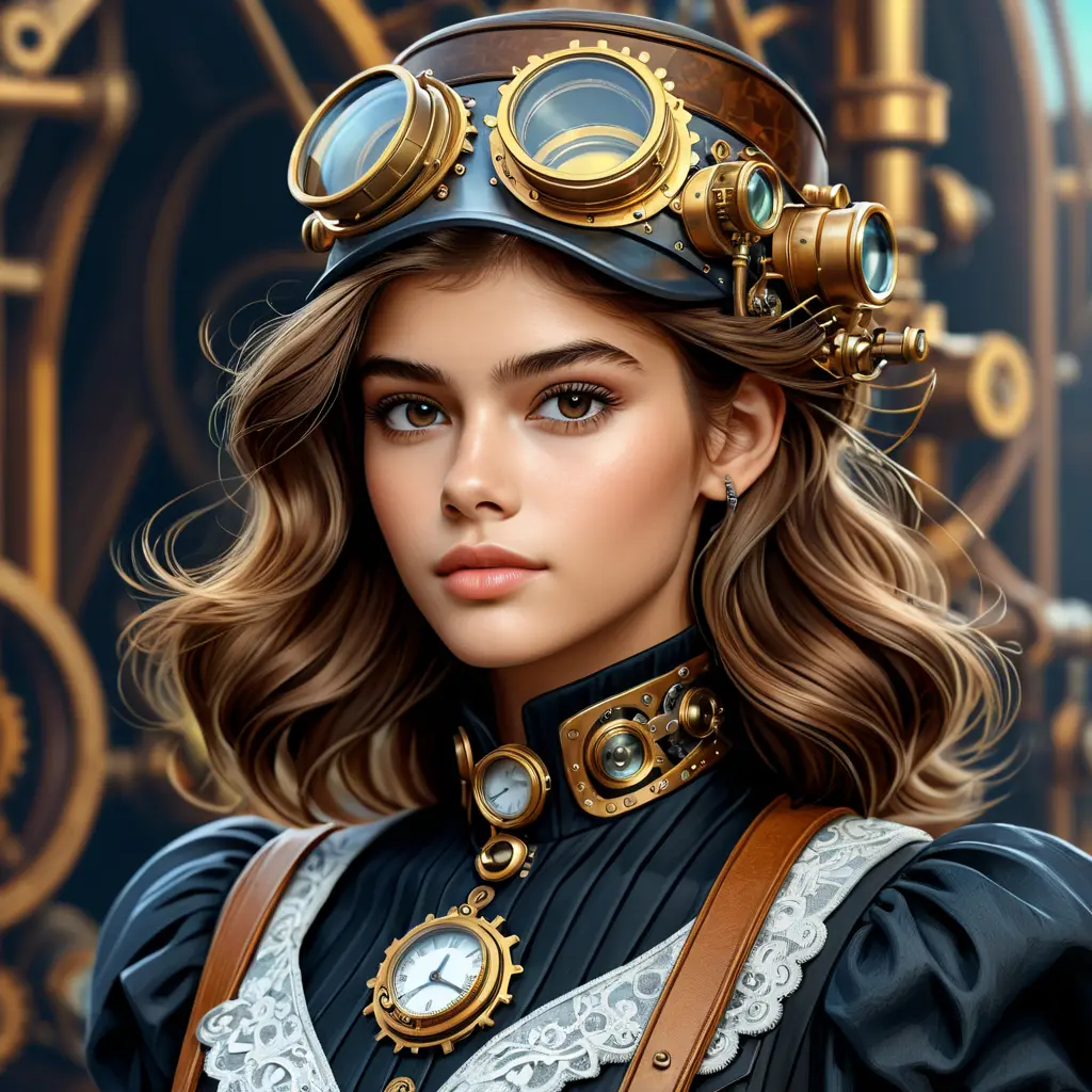 Steampunk portrait of Kaia Gerber, Highly Detailed, Intricate, Artstation, Beautiful, Digital Painting, Sharp Focus, Concept Art, Elegant