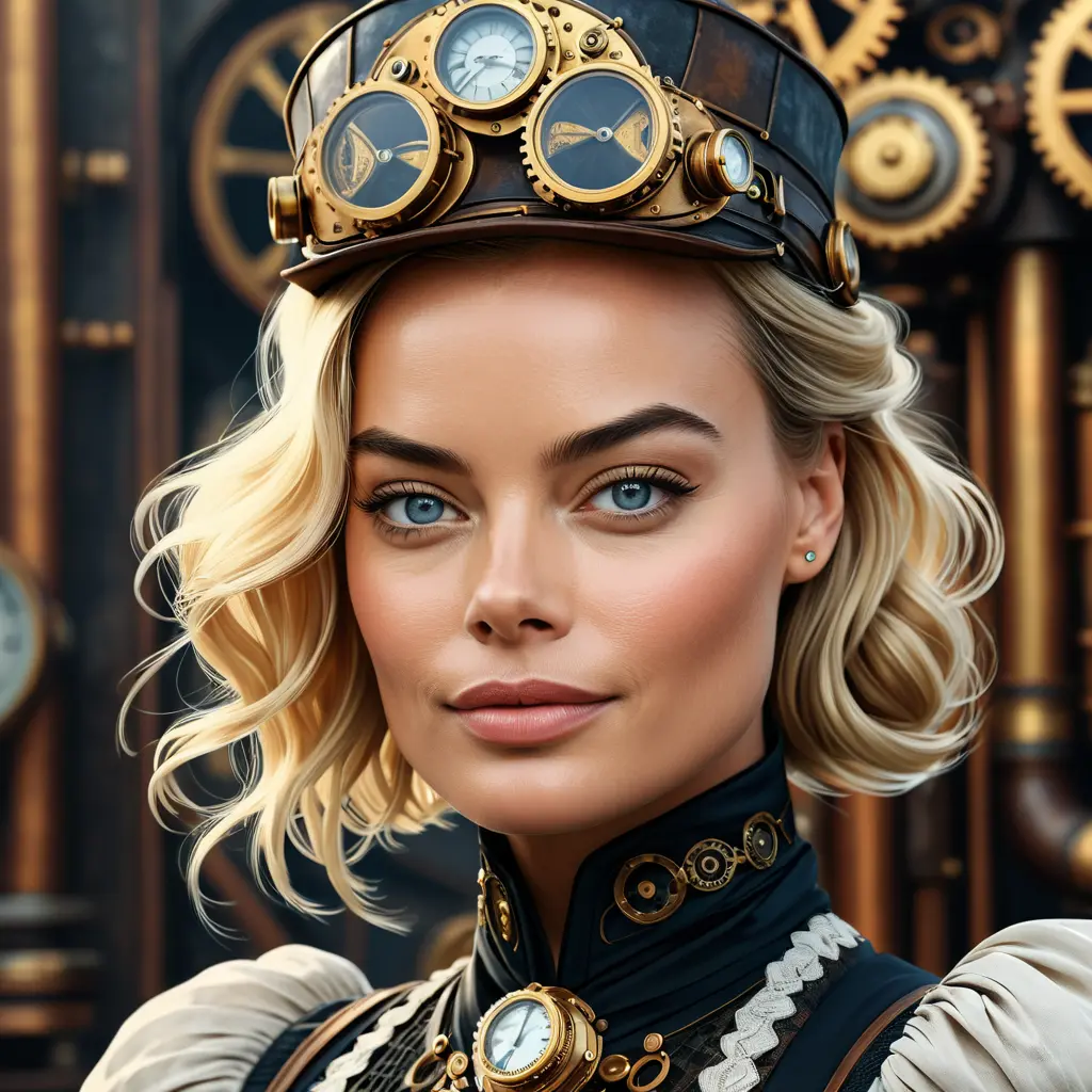 Steampunk portrait of Margot Robbie, Highly Detailed, Intricate, Artstation, Beautiful, Digital Painting, Sharp Focus, Concept Art, Elegant