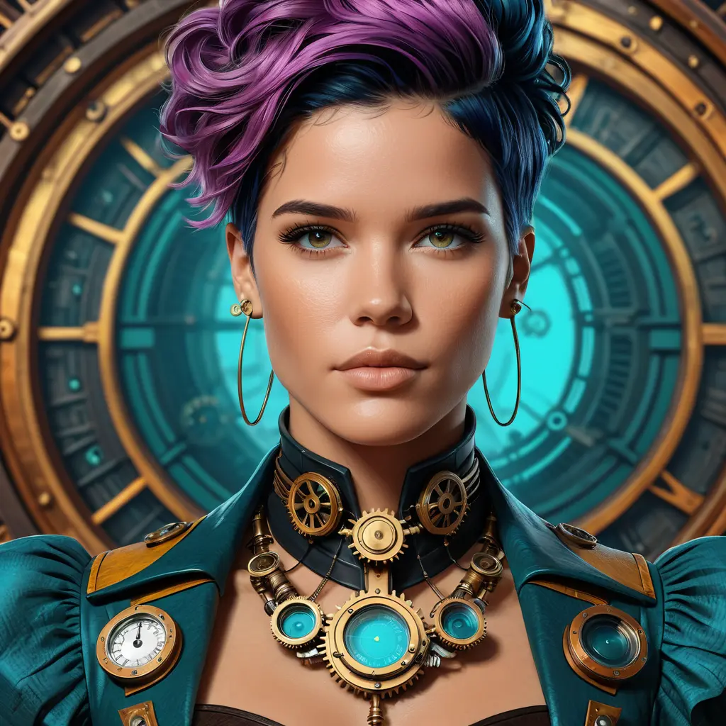 Steampunk portrait of Halsey, Highly Detailed, Intricate, Artstation, Beautiful, Digital Painting, Sharp Focus, Concept Art, Elegant