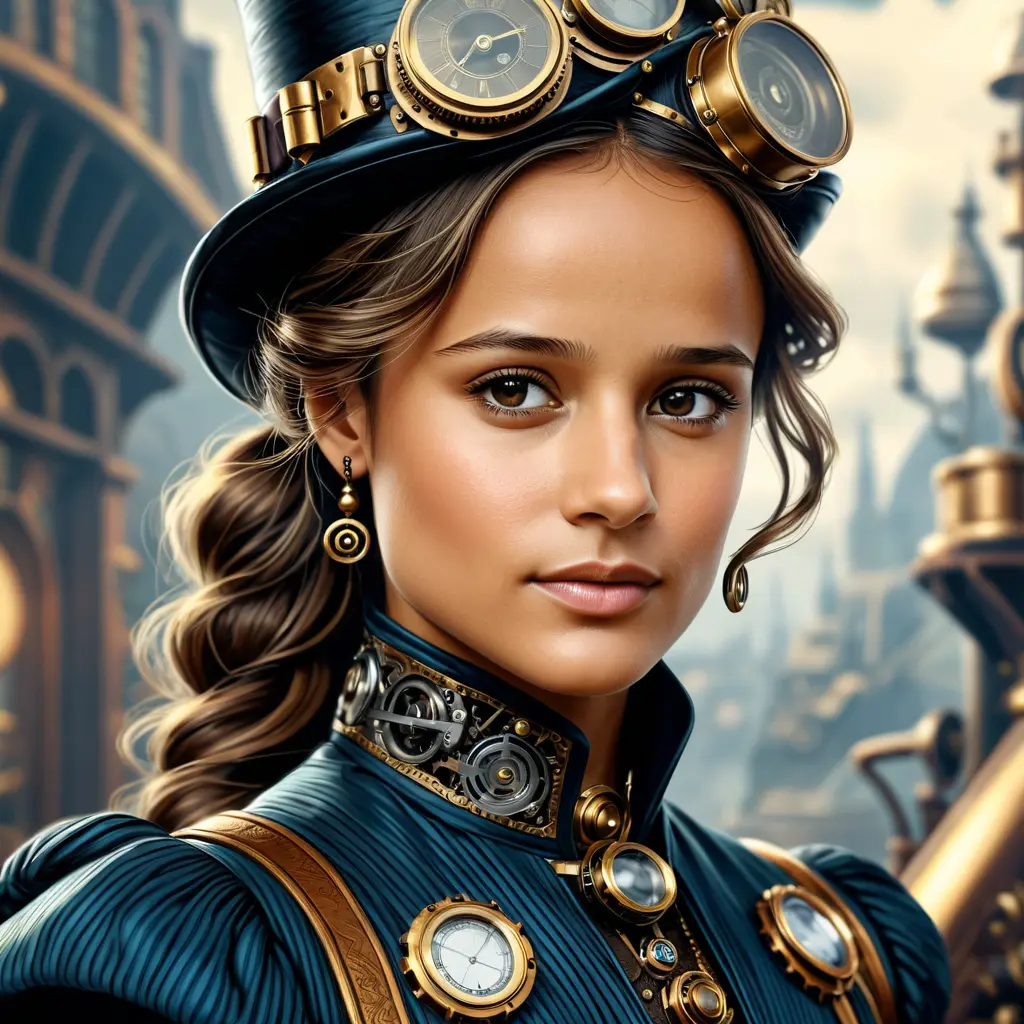 Steampunk portrait of Alicia Vikander, Highly Detailed, Intricate, Artstation, Beautiful, Digital Painting, Sharp Focus, Concept Art, Elegant