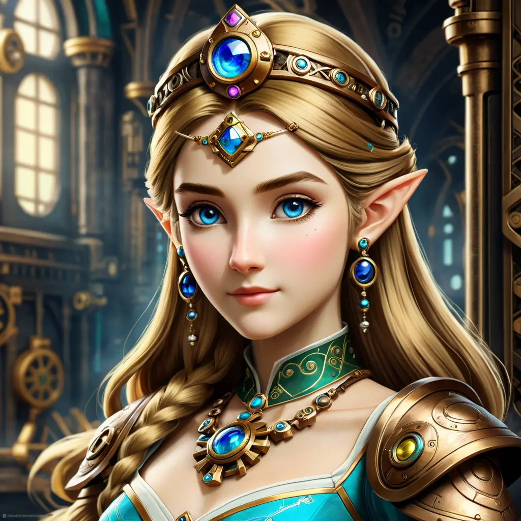 Steampunk portrait of Princess Zelda, Highly Detailed, Intricate, Artstation, Beautiful, Digital Painting, Sharp Focus, Concept Art, Elegant