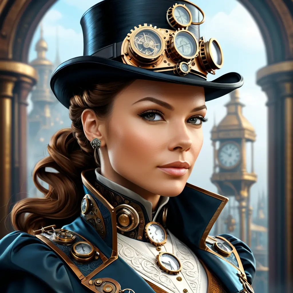 Steampunk portrait of Rebecca Ferguson, Highly Detailed, Intricate, Artstation, Beautiful, Digital Painting, Sharp Focus, Concept Art, Elegant