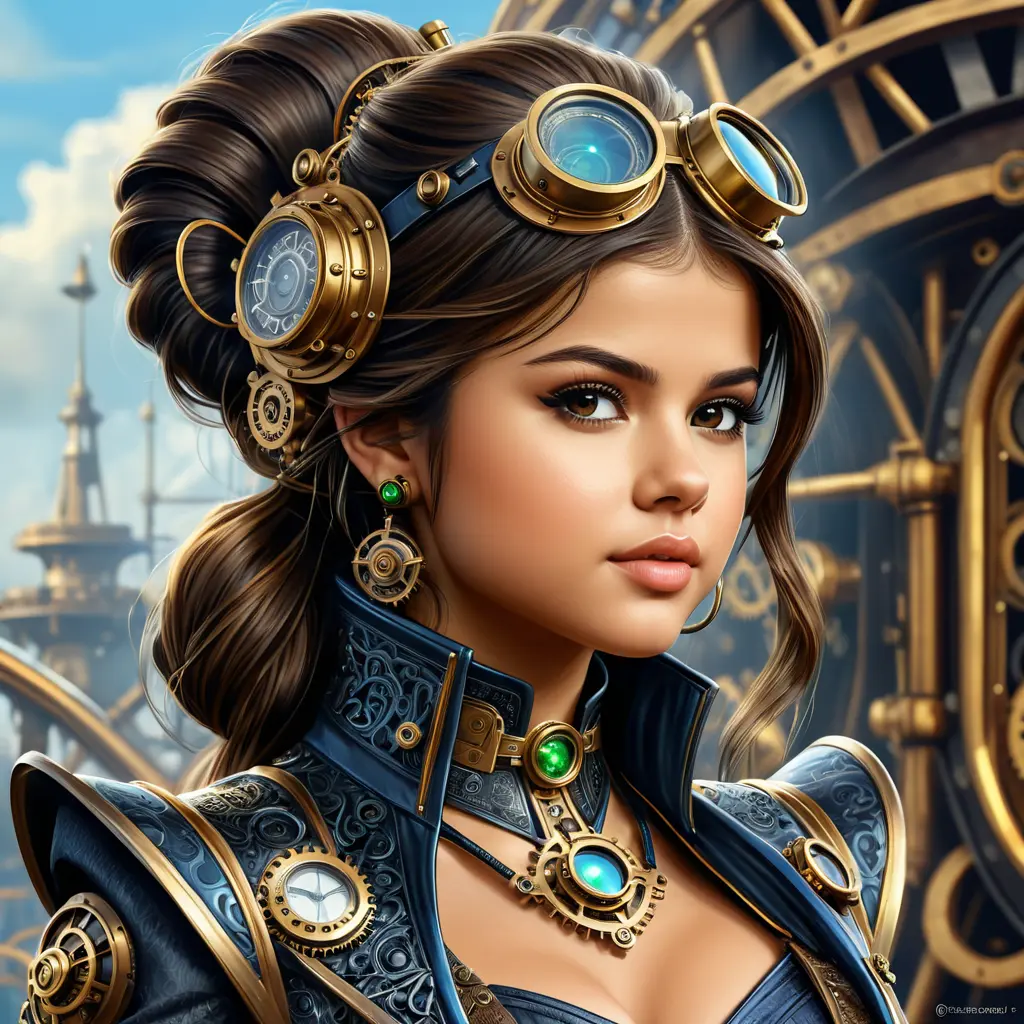 Steampunk portrait of Selena Gomez, Highly Detailed, Intricate, Artstation, Beautiful, Digital Painting, Sharp Focus, Concept Art, Elegant